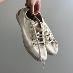 TOMS Cabrillo Cream Canvas Low Top Sneakers size 7.5 Floral Lining Lace Up Shoe